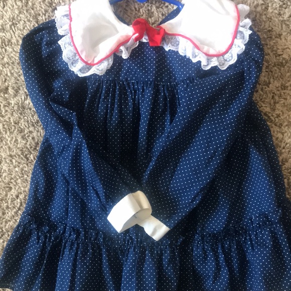 Vintage 80s 90s Girl Toddler Blue Polka Dot Ruffled Dress White Lace Collar &Bow - Picture 6 of 12